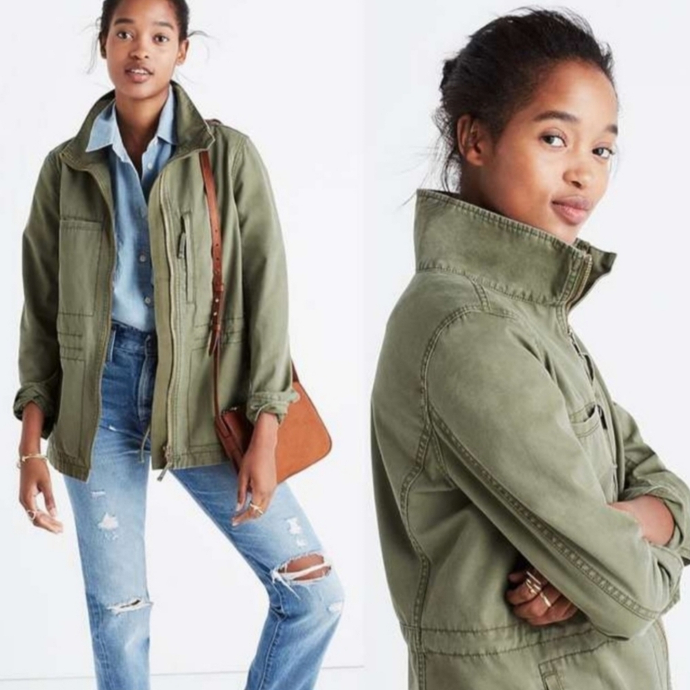Madewell | Army Green Zip-Front Moc Neck Fleet Jacket - Military Utility Style